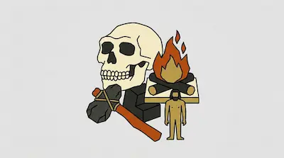 A human skull, a stone axe, a campfire, and a small human figure are grouped together.