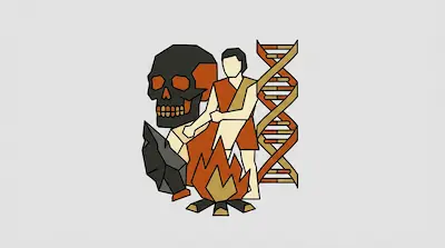 A human skull, a person in a tunic, a DNA double helix, a campfire, and a stone tool are arranged in a geometric, stylized composition.