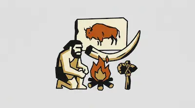 A caveman kneels by a campfire next to a stone axe, a large tusk, and a cave painting of a bison.