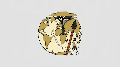 A stylized globe with a flat-topped tree, a trail of footprints across the continents, and a person holding a large stone-tipped spear.