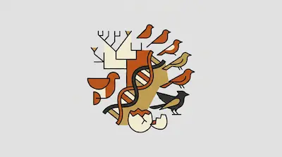 A DNA double helix is surrounded by stylized birds, a branching tree diagram, and a cracked egg.