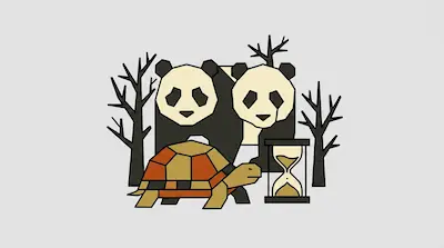 Two pandas, a tortoise, and an hourglass are depicted in a geometric art style with bare trees on either side.