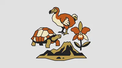 A dodo bird, a tortoise, an orchid, and a mountain are depicted in a stylized, geometric design using orange, tan, and black.
