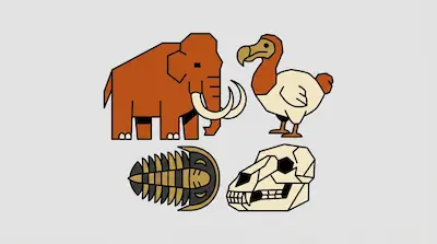 A woolly mammoth, a dodo bird, a trilobite, and a skull in a geometric art style.
