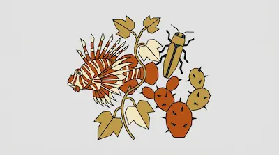 A lionfish, a beetle, a prickly pear cactus, and a leafy vine are depicted in a stylized, geometric design with earth tones.