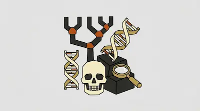 A human skull sits at the base of a branching tree diagram, surrounded by DNA strands and a magnifying glass.