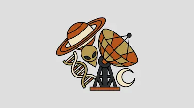 Flat illustration of a satellite dish, a ringed planet, an alien head, and a DNA strand on a light gray background
