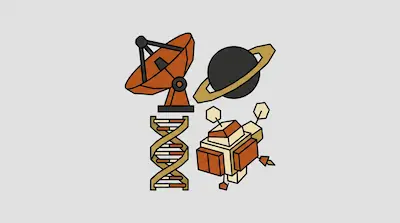 Flat illustration of a satellite dish, the planet Saturn, a DNA strand, and a space probe on a gray background