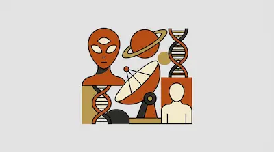 Flat illustration of an alien head, a satellite dish, and a DNA helix in a minimalist earth tone color palette
