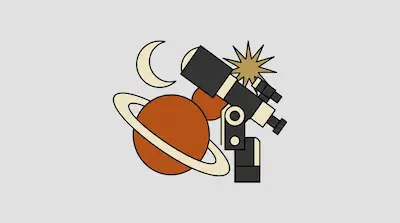 Flat illustration of a black telescope, a ringed orange planet, a crescent moon, and a star on a gray background