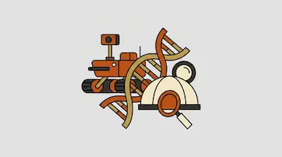 Flat illustration of a space rover, a DNA double helix, and a hard hat with a magnifying glass on a grey background