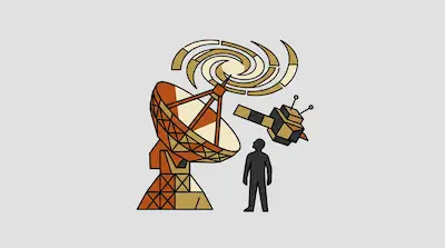 Flat illustration of a person standing by a satellite dish and a floating satellite under a spiral galaxy shape