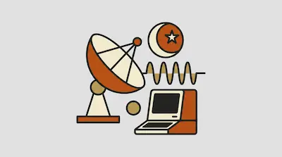 Flat illustration of a satellite dish, a retro computer, and a crescent moon with a star on a gray background