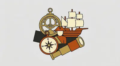 Flat illustration of maritime exploration tools including a compass, a telescope, an astrolabe, and a sailing ship
