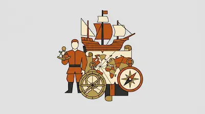 Flat illustration of an explorer with a sextant, a wooden sailing ship, a world map, and a compass on a gray background