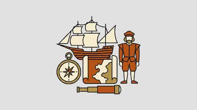 Flat illustration of a wooden sailing ship, a bearded explorer, a compass, and a map on a light gray background