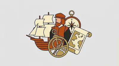 Flat illustration of a bearded explorer with a sailing ship, a compass, and a rolled map on a light gray background