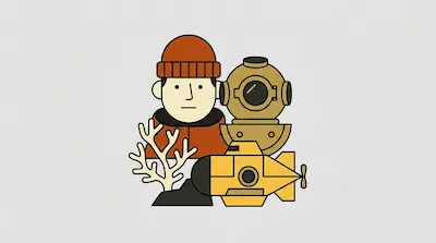 Flat illustration of a man in a beanie next to a diving helmet, a yellow submarine, and coral on a grey background