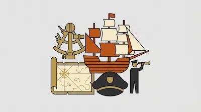 Flat illustration of a sailing ship, a nautical map, a sextant, and a sailor with a telescope on a gray background