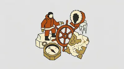 Flat illustration of an arctic explorer with a ship wheel, a compass, and a treasure map on a light gray background
