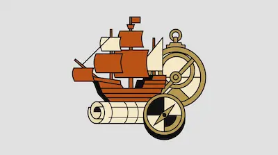 Flat illustration of a wooden sailing ship, a rolled map, and a gold compass on a light gray background