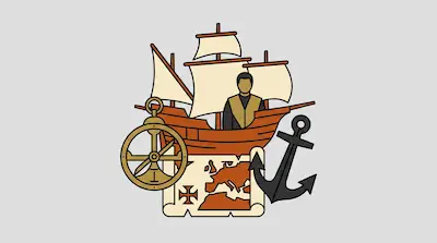 Flat illustration of a wooden sailing ship, a world map, an anchor, and a sailor figure on a gray background