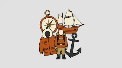 Flat illustration of an explorer, a sailing ship, a compass, and an anchor in orange and cream tones.