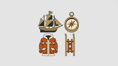 Flat illustration of a sailing ship, a compass, a winter parka, and a wooden sled on a light gray background