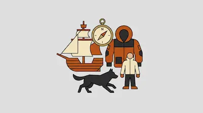Flat illustration of an explorer, a black dog, a sailing ship, a compass, and a parka on a light gray background