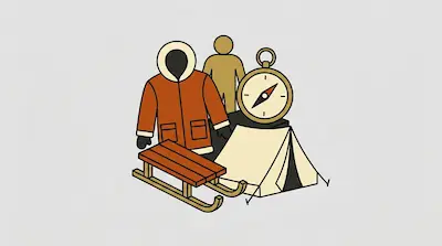 Flat illustration of winter gear including an orange parka, a wooden sled, a compass, and a tent on a gray background