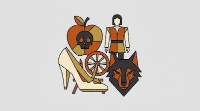 Flat illustration of fairy tale icons including a poisoned apple, a glass slipper, a wolf head, and a human figure