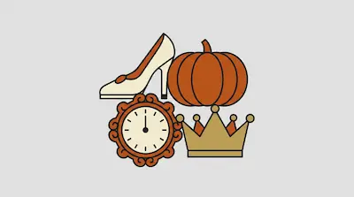 Flat illustration of a high heel shoe, an orange pumpkin, a golden crown, and a clock showing midnight on a grey background