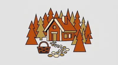 Flat illustration of a cozy orange cabin in a pine forest with a stone path and a picnic basket in the foreground