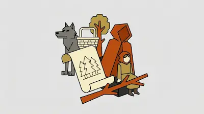 Flat illustration of Little Red Riding Hood with a grey wolf, a picnic basket, and a map on a light grey background