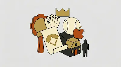 Flat illustration of a baseball, a crown, and a scroll with a diamond field icon on a light gray background