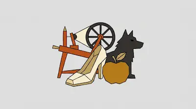 Flat illustration of a spinning wheel, a high heel shoe, a wolf silhouette, and an apple on a gray background