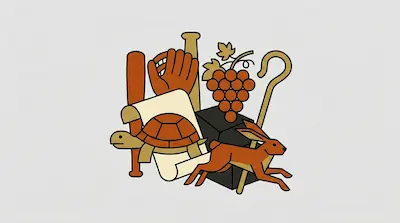 Flat illustration of a tortoise and hare with a bunch of grapes, baseball bats, and a glove on a light gray background