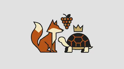 Flat illustration of a geometric fox, a crowned turtle, and a bunch of grapes against a light gray background