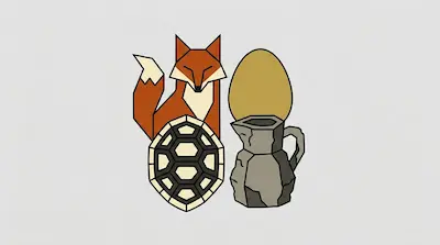 Flat illustration of a geometric fox, a turtle shell, and a golden egg resting on a stone pitcher with a grey background