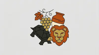 Flat illustration of a tortoise, a lion head, a bunch of grapes, and a clay jug on a light gray background