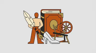 Flat illustration of a person holding a quill next to a large book, a glass slipper, and a spinning wheel