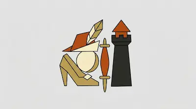Flat illustration of a feathered hat, a high-heeled shoe, and a tall tower in a geometric minimalist style