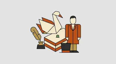 Flat illustration of a man in a coat standing next to a large origami swan, a book, and an inkwell with a quill.
