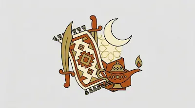 Flat illustration of a patterned rug, a curved scimitar sword, and a lit oil lamp on a light grey background
