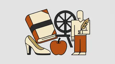Flat illustration of a book, a high heel shoe, an apple, and a geometric human figure holding a quill