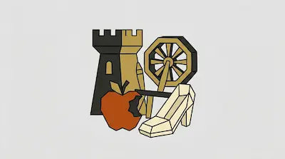 Flat illustration of a castle tower, a spinning wheel, a bitten apple, and a glass slipper on a light gray background