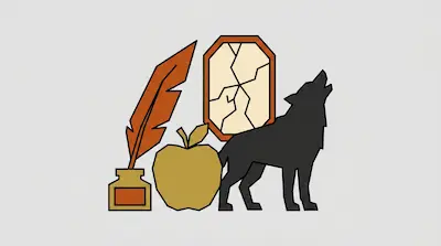 Flat illustration of a quill in an inkwell, a golden apple, a broken mirror, and a howling wolf silhouette.