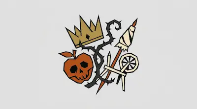 Flat illustration of a gold crown, a skull-faced apple, and a spinning wheel entwined by black thorns on a gray background