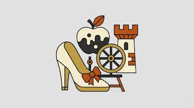 Flat illustration of a high heel shoe, a poisoned apple, a spinning wheel, and a castle tower on a gray background