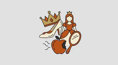 Flat illustration of a princess, a crown, a high heel shoe, a bitten apple, and a hand mirror on a grey background